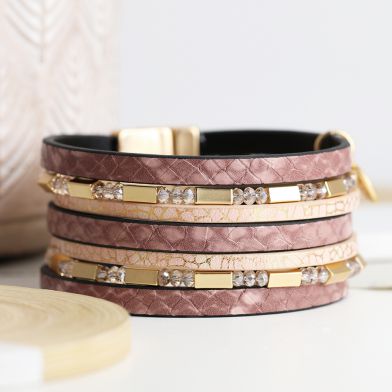 Pink Mix Multi Strand Leather and Gold Finish Bracelet by Peace of Mind